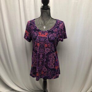 LuLaRoe Purple Pink Paisley Floral Top Womens Sz Medium Soft Short Sleeve Tunic